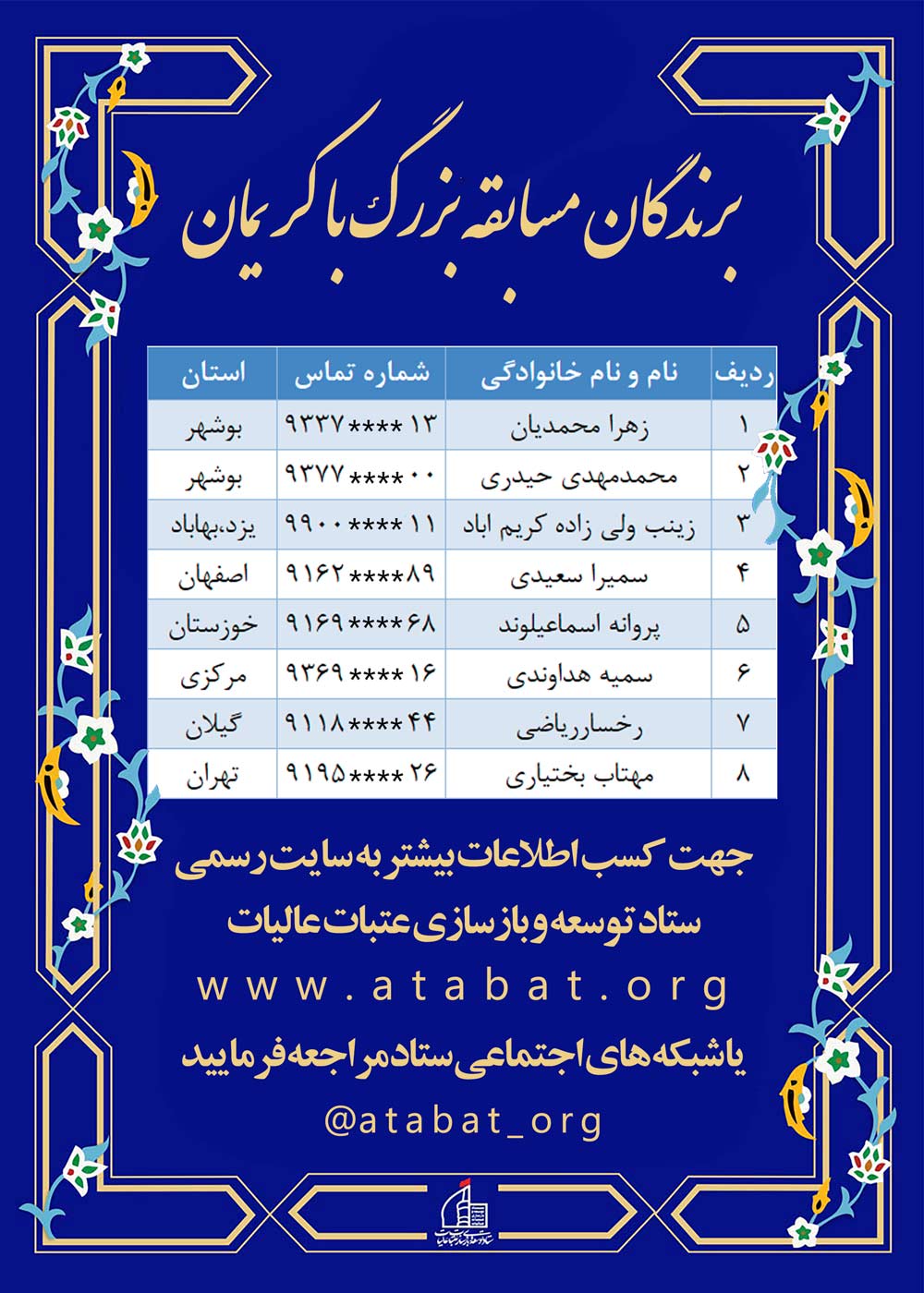 لیست برندگان مسابقه بزرگ با کریمان( ستاد توسعه و بازسازی عتبات عالیات)